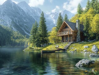 Obraz premium Idyllic mountain lake cabin in tranquil scenery - - ai