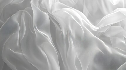 Fototapeta premium Close-up of shimmering white-gray silk fabric with soft folds and a natural blur pattern, exuding luxury and elegance
