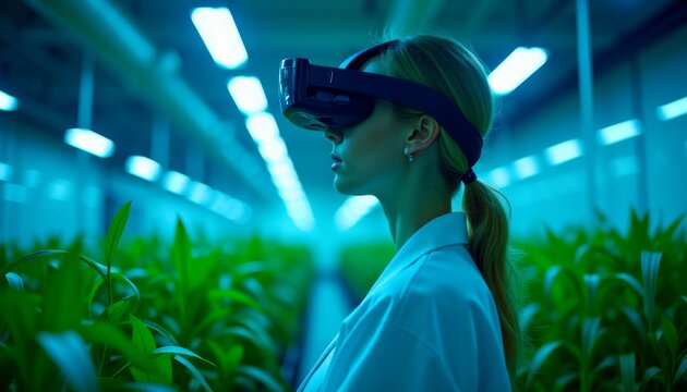 Woman uses VR headset in a greenhouse, possibly for agricultural research or monitoring plant growth in a controlled environment.
