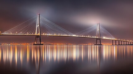 Obraz premium Close-up of the illuminated cables on the Vasco da Gama Bridge, creating intricate patterns against the dark Lisbon sky