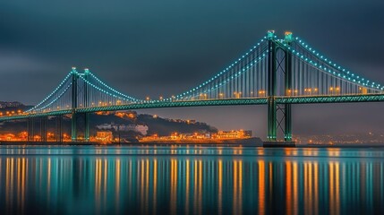 Close-up of the illuminated cables on the Vasco da Gama Bridge, creating intricate patterns against the dark Lisbon sky