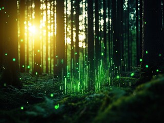 A serene forest scene illuminated by sunlight, featuring ethereal green glimmers amidst rich foliage, creating a magical atmosphere.
