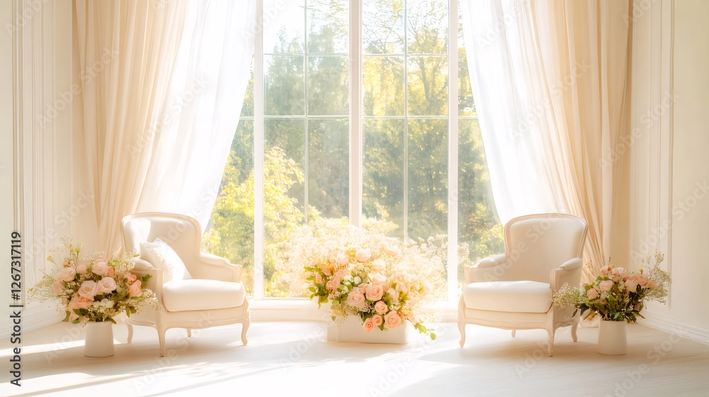 Sticker Sunlit room, floral arrangement, chairs, garden view