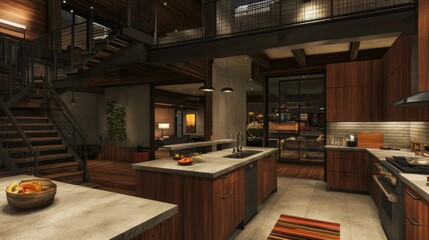 Modern Rustic Kitchen, Open Floorplan, Spacious Home Interior, Evening Light