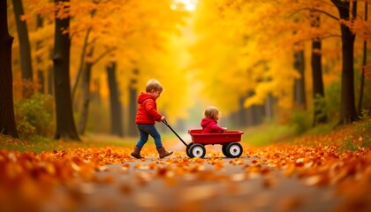 Brother pulls sister in a wagon through an autumn park, covered in fallen leaves, under a canopy of golden trees and a bright sky.