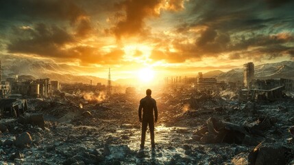 Fototapeta premium Lone Figure Contemplates Post Apocalyptic Cityscape Sunset