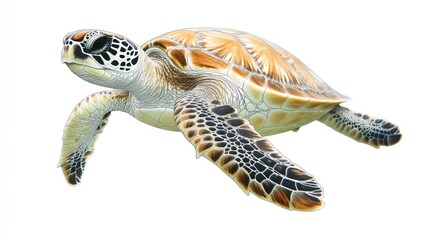Fototapeta premium Sea turtle swimming isolated on a white background, for conservation or ecological awareness campaigns