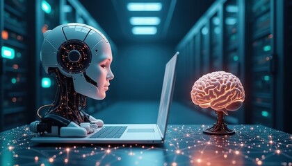 human brain placed on a table,  symbolizing a connection or data exchange between the brain and the robot inside a modern computer center, with several monitors and servers