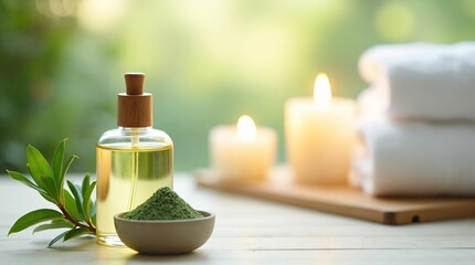 Tea tree aroma oil bottle with herbal powder and rolled towels on a calm background