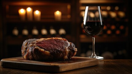 Cozy steakhouse scene featuring an aged rib eye steak resting on a cutting board, wine glass glowing under warm candlelight, blurred wine rack behind.