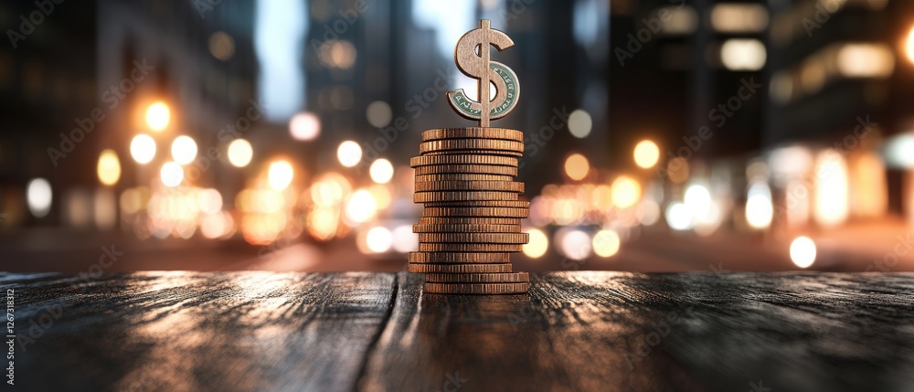 Poster stack of coins with clock on top and market chart showing business growth and stock graph analysis