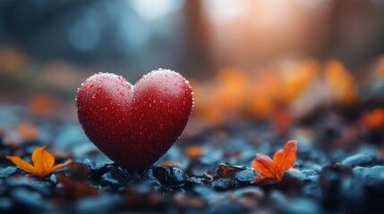 Fototapeta premium Autumnal Heart: A Red Heart Adorned with Dew Drops Resting on Dark Pebbles