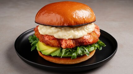 Golden Crispy Lobster Burger with Creamy Sauce and Fresh Veggies