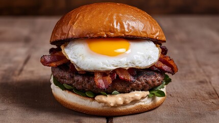 Gourmet Breakfast Burger with Sunny Side Up Egg and Bacon