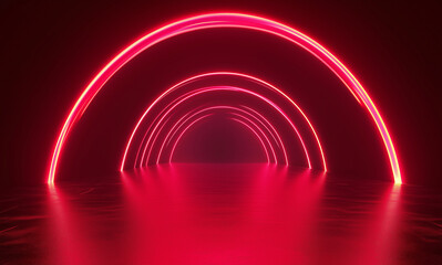 Mesmerizing Neon Tunnel with Red Arches Reflected on Water Creating a Dynamic Digital Art Scene. Generative Ai