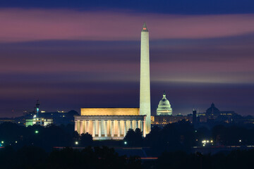 Washinton DC skyline with major monuments including Lincoln Memorial and Washington Monument and...