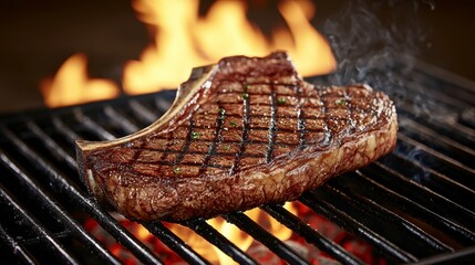Thick Sizzling Tomahawk Steak on Grill with Flames in Background