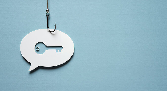 Phishing for Passwords: Be Alert! Key Cutout on a Hook with Speech Bubble on Blue - Cyber Security, Data Safety, Protection Tips & Awareness