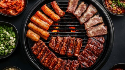 Marinated Beef BBQ Feast with Korean Side Dishes on Grill
