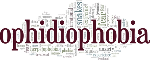 Ophidiophobia: Fear of Snakes word cloud conceptual design isolated on white background.