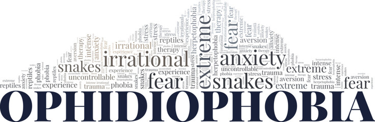Ophidiophobia: Fear of Snakes word cloud conceptual design isolated on white background.