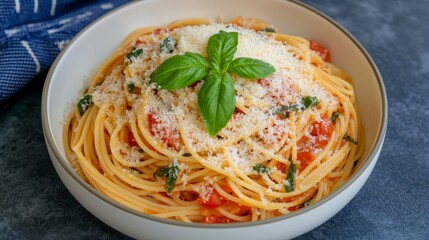 Classic Italian Spaghetti Dish with Basil and Cheese Garnish