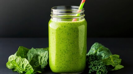 Refreshing Green Smoothie with Spinach and Kale in a Jar