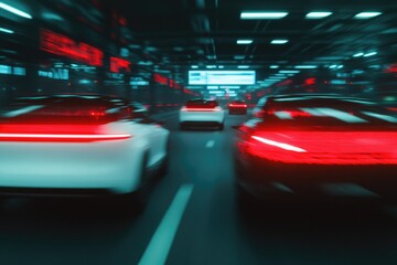 Dynamic motion of cars in futuristic cityscape, illuminated by n