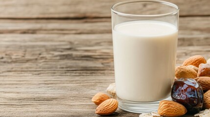 Creamy Oat Milk in Glass with Almonds on Rustic Wooden Table