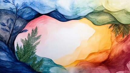Fototapeta premium Abstract Watercolor Landscape with Lush Green Ferns and Vibrant Hues