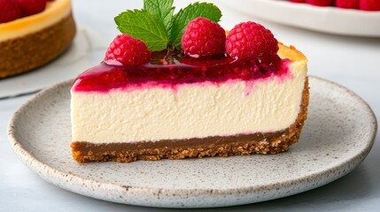 Delicious Slice of Decadent Cheesecake with Raspberries and Mint