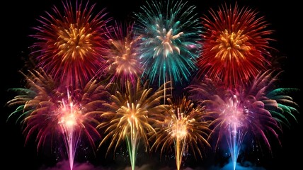 Naklejka premium COLORFUL FIREWORKS EXPLODE IN THE NIGHT SKY. BEAUTIFUL AND SPECTACULAR LIGHT EXPLOSION EFFECTS.