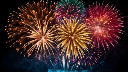 COLORFUL FIREWORKS EXPLODE IN THE NIGHT SKY. BEAUTIFUL AND SPECTACULAR LIGHT EXPLOSION EFFECTS.