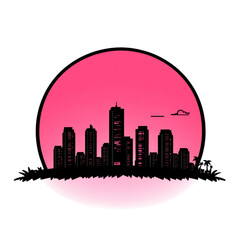 Obraz premium Urban Skyline Silhouette Against a Vibrant Pink Sunset Gradient