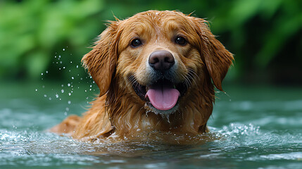 Fototapeta premium Joyful golden retriever swimming in a lake, showcasing its happy expression and wet fur. A perfect image for pet, nature, and summer themes. Use it for websites, calendars, and petrelated products.