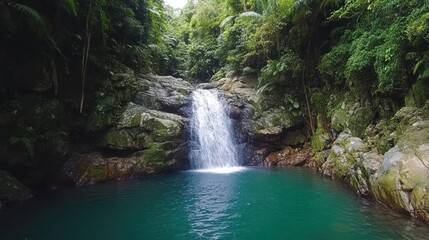 Serene Waterfall in Lush Tropical Paradise