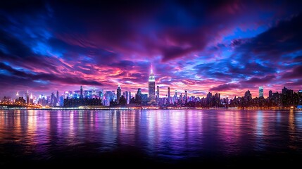 Fototapeta premium Dramatic Skyline of New York City at Sunset with Vibrant Purple and Blue Sky Reflection on Water Surface Capturing a Serene Urban Evening Scene