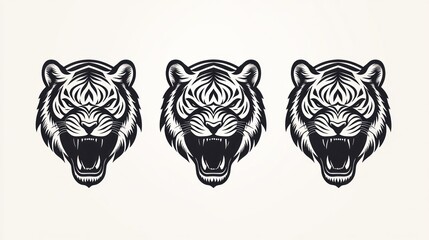 Obraz premium Roaring Tigers three aggressive animal heads, isolated, on white, vector for graphic design