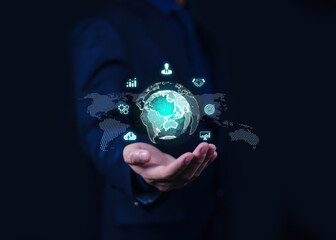 Hand holding globe with data connection network icon, Developing the changing intelligent data and global business development, Applying the digital technology of artificial intelligence.