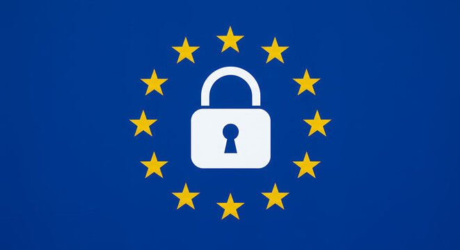 ** GDPR Compliance: EU Data Protection Flag with Padlock Symbol, Ensuring Privacy & Security. Europe, Regulation, Policy, Legal Framework. - Powered by Adobe