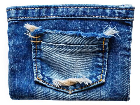 Ripped Blue Jeans Pocket Texture with Destroyed Denim and White Threads - Isolated on White Background