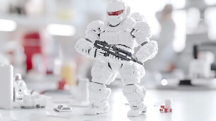 Futuristic Robotic Exoskeleton in White Armor Holding Weapon in a Pixelated Style Standing on Surface with Laboratory Setting
