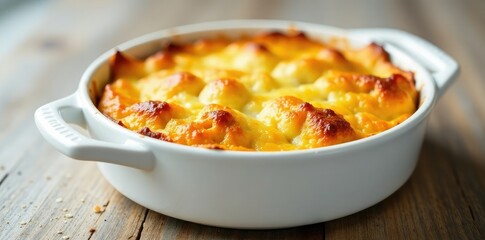 White ceramic casserole dish with baked casserole, casseroles, ceramic