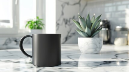 Modern matte black coffee cup on smooth marble countertop surrounded by minimalist kitchen decor.
