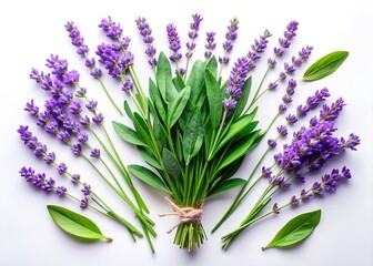 Fototapeta premium Serene Lavender Flat Lay: Purple Flowers & Green Leaves on White Background