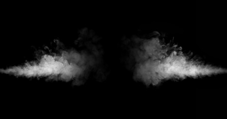 Close-up photo of abstract white steam or smoke. Illustration showing different textures and densities of white steam or smoke, isolated on black background.