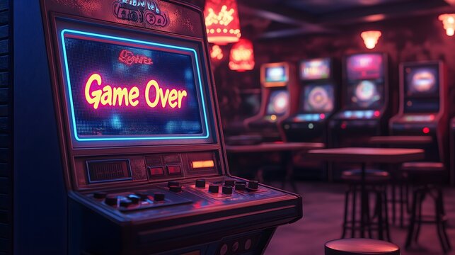 Retro Arcade Cabinet with Neon Game Over Screen in Dark Gaming Bar Interior Creating Nostalgic Entertainment Atmosphere with Purple and Pink Ambient Lighting