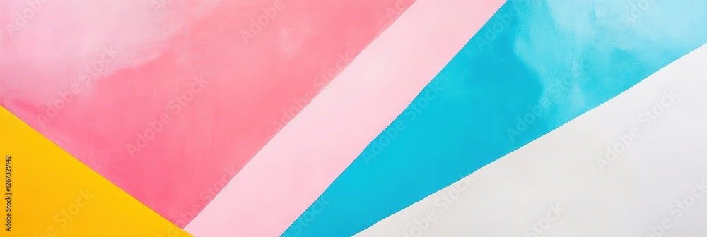 Poster colorful geometric patterns create an abstract design in bright hues of blue, pink, yellow, and whit