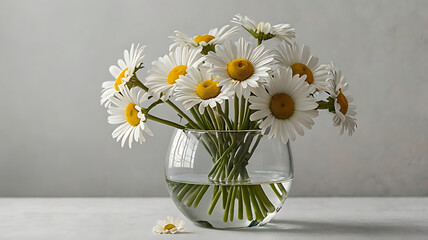daisy flowers in a clear glass vase on white background