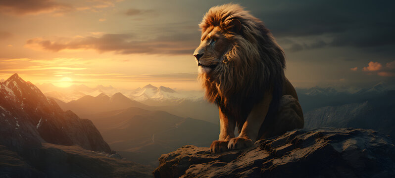 a lion sitting on a mountain scenic mountain top staring into the distance, ai generative